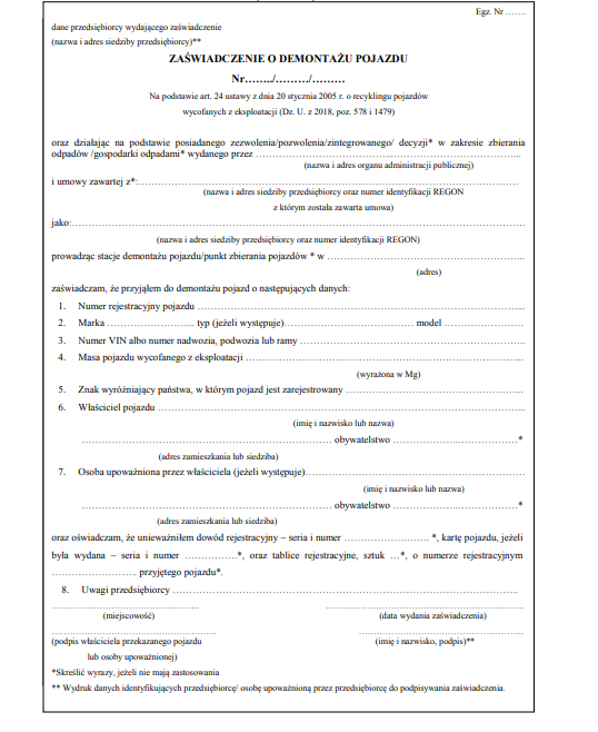 Zaświadczenie o demontażu pojazdu wzór