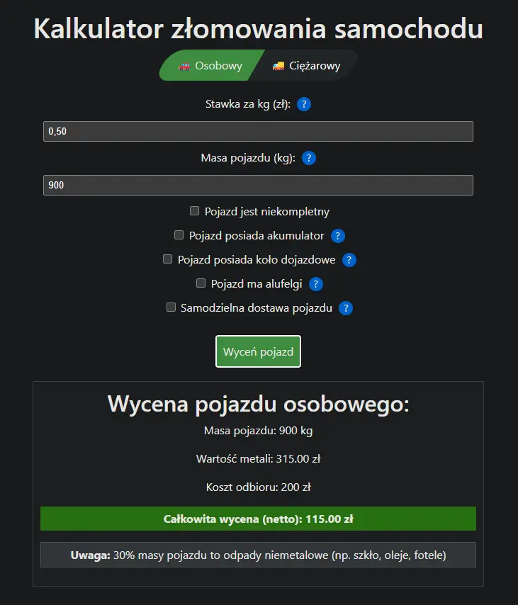 kalkulator złomowania samochodów